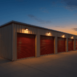 cold formed steel self storage building, twilight red doors 8x units