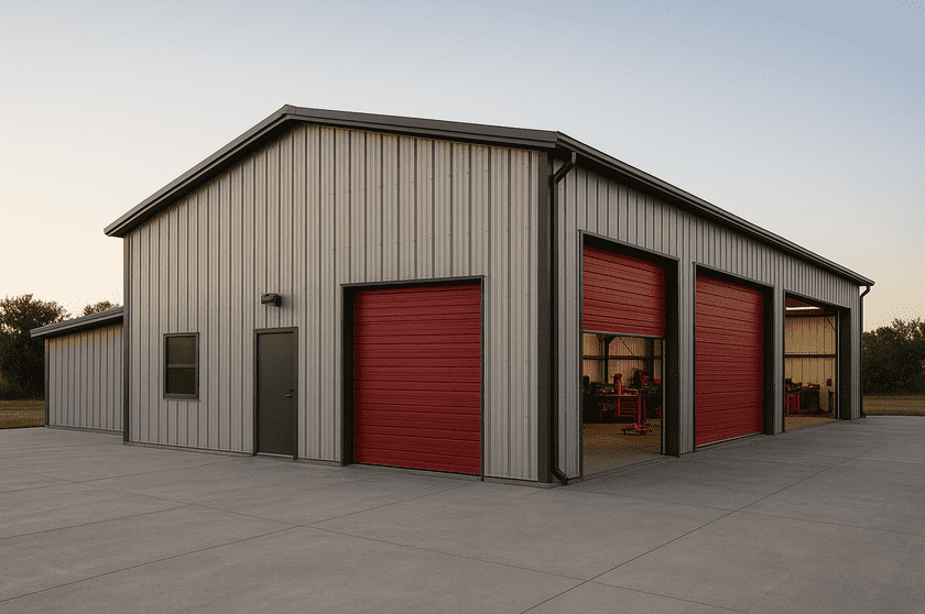cold formed steel garage workshop building with 2x red roll-up doors
