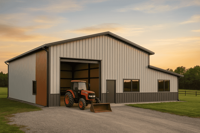 cold formed steel agricultural building with tractor outside door, sunset
